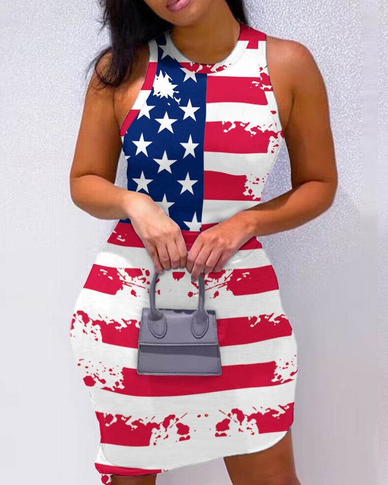 Independence Day Flag Print Sleeveless Bodycon Dress