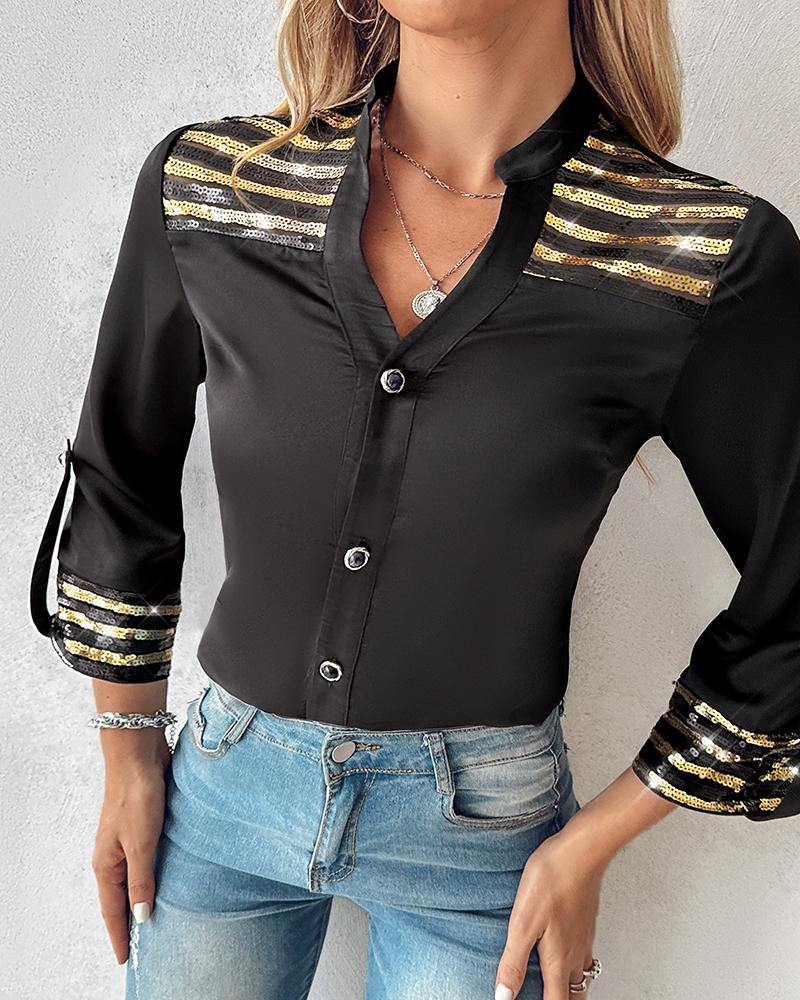 Contrast Sequin Buttoned Long Sleeve Top