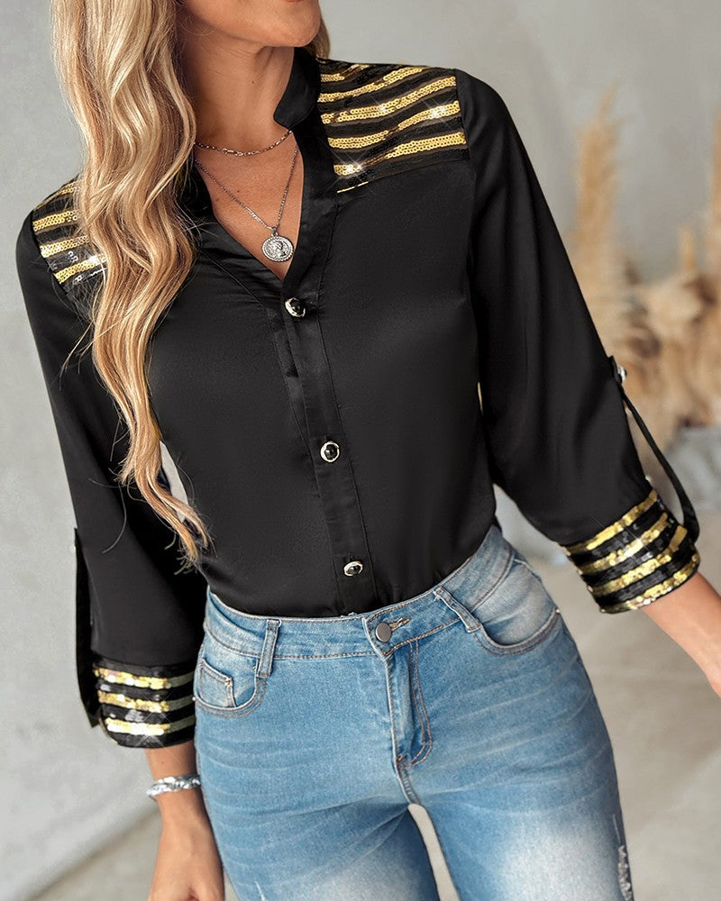 Contrast Sequin Buttoned Long Sleeve Top