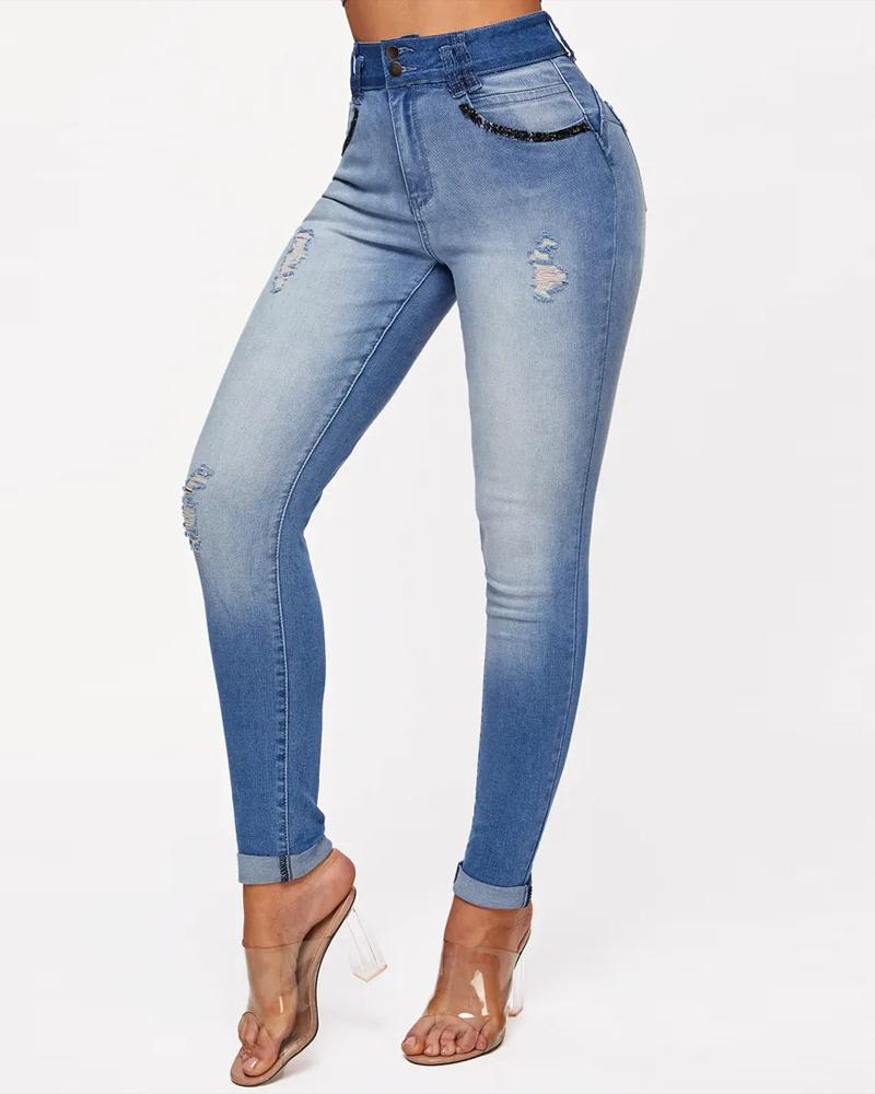 Zip Fly Ombre Ripped Skinny Jeans