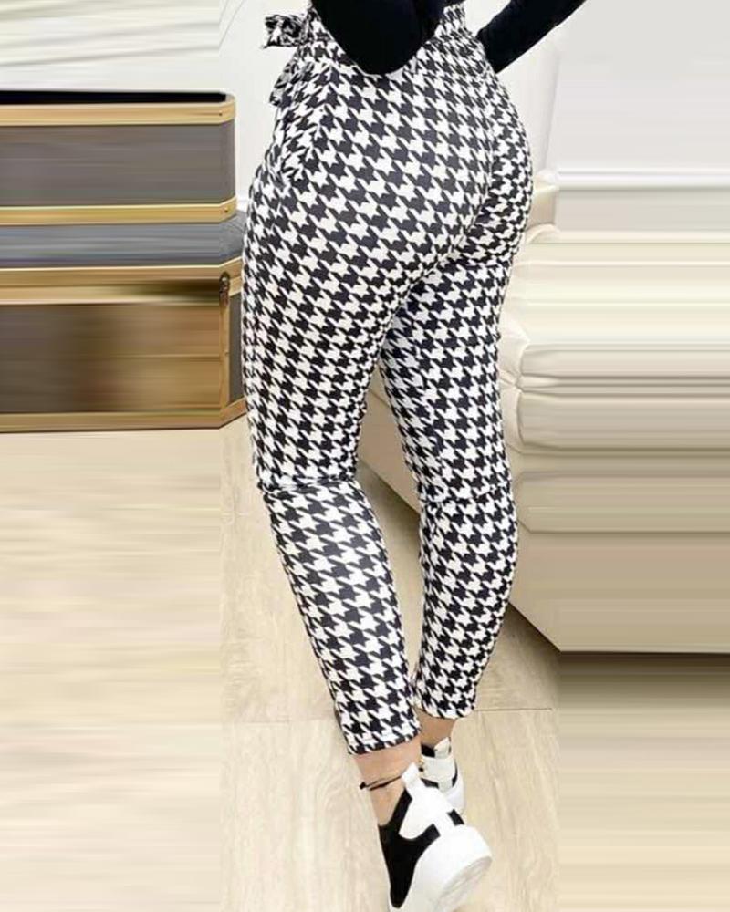 Houndstooth Tied Detail Pocket Design Casual Pants