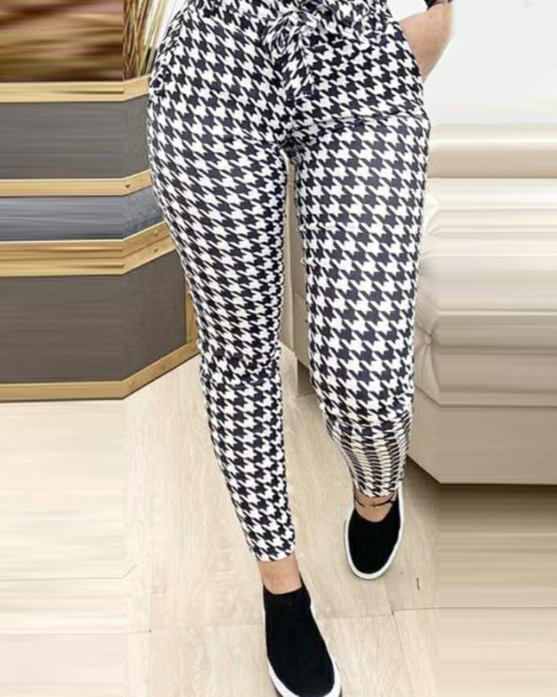 Houndstooth Tied Detail Pocket Design Casual Pants