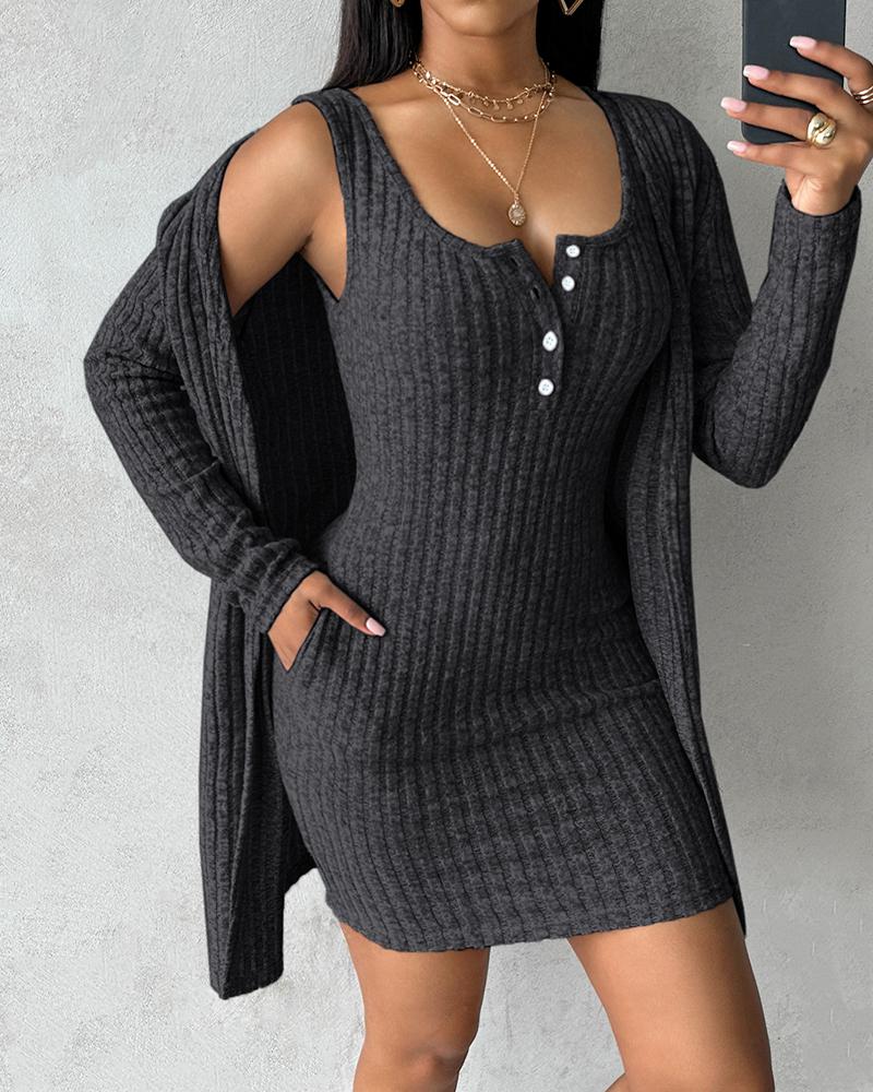 Pocket Design Buttoned Ribbed Casual Dress & Long Sleeve Open Front Coat