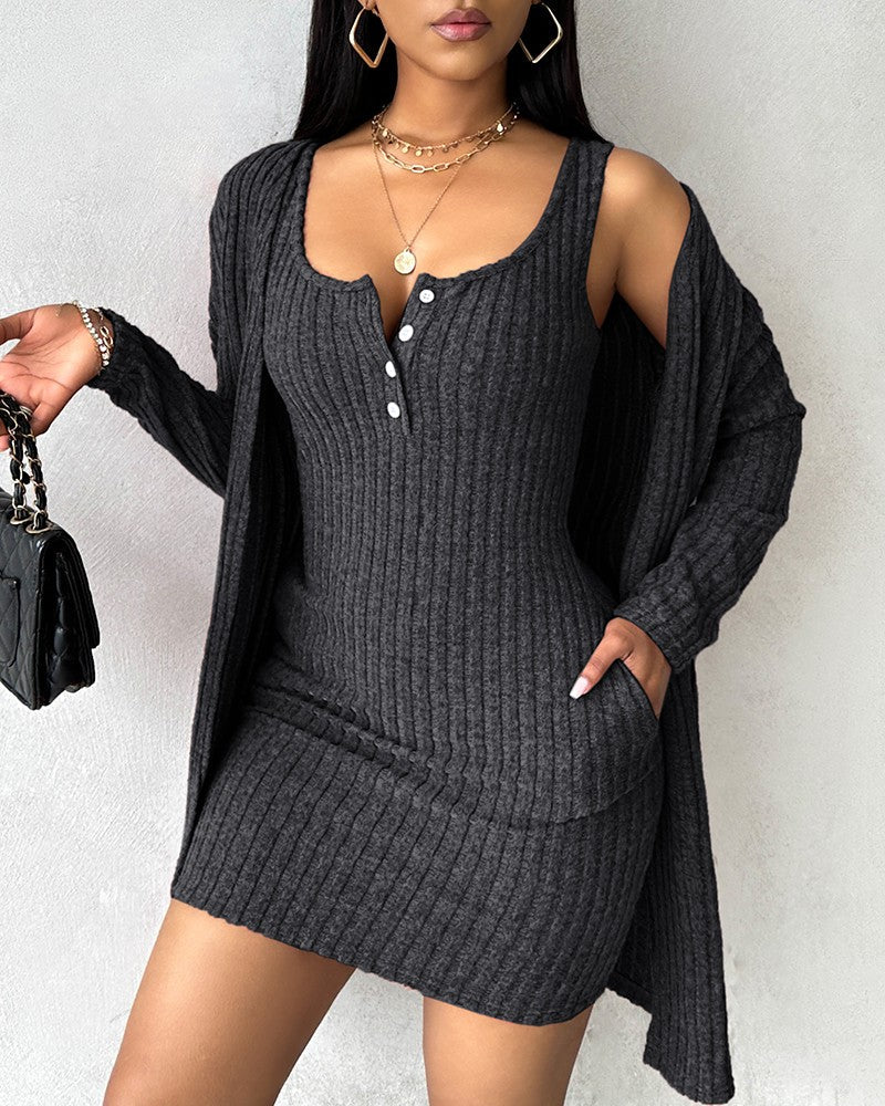 Pocket Design Buttoned Ribbed Casual Dress & Long Sleeve Open Front Coat