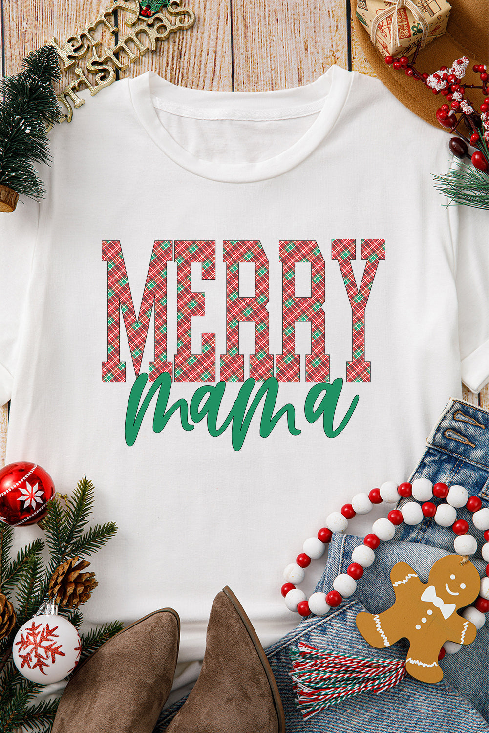 White MERRY mama Christmas Fashion Graphic T Shirt