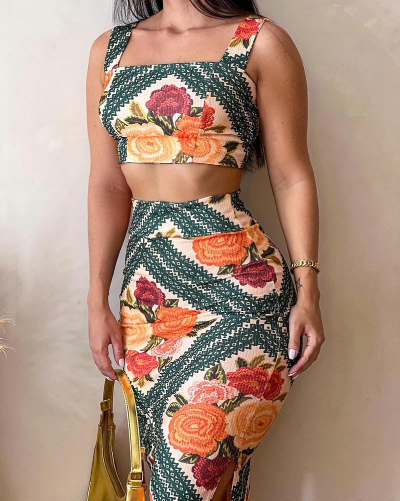 Floral Print Square Neck Crop Top & Skirt Set