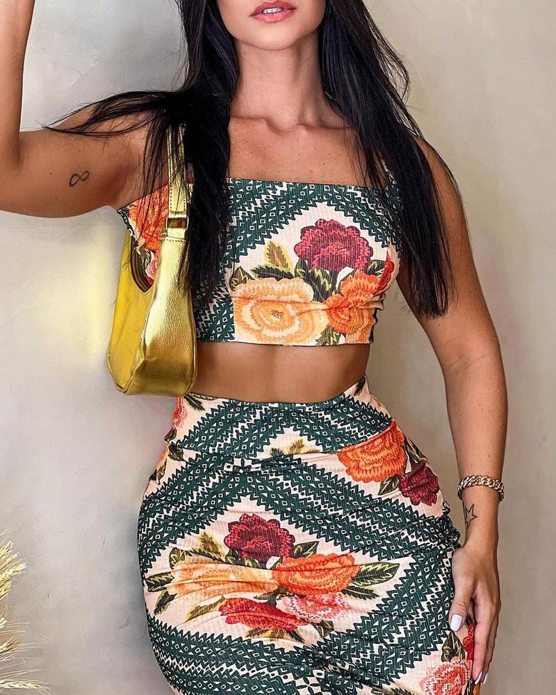 Floral Print Square Neck Crop Top & Skirt Set