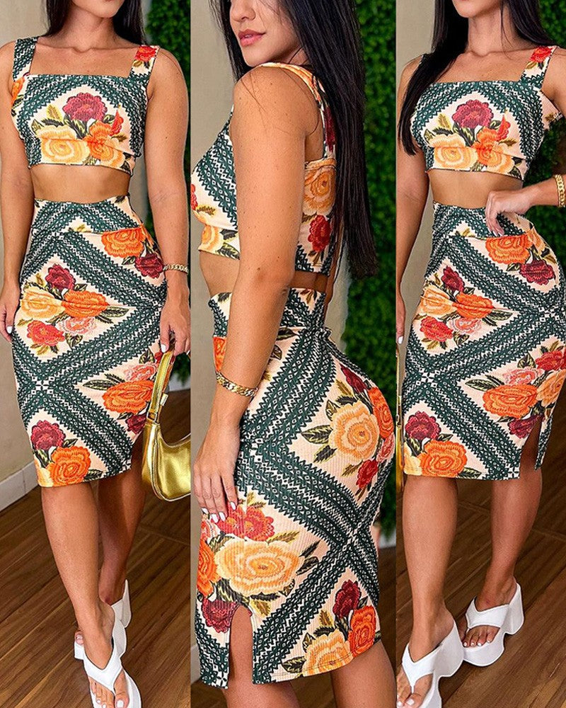 Floral Print Square Neck Crop Top & Skirt Set