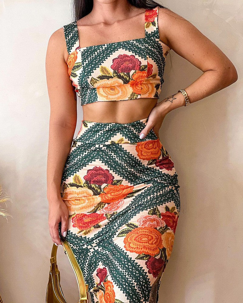 Floral Print Square Neck Crop Top & Skirt Set