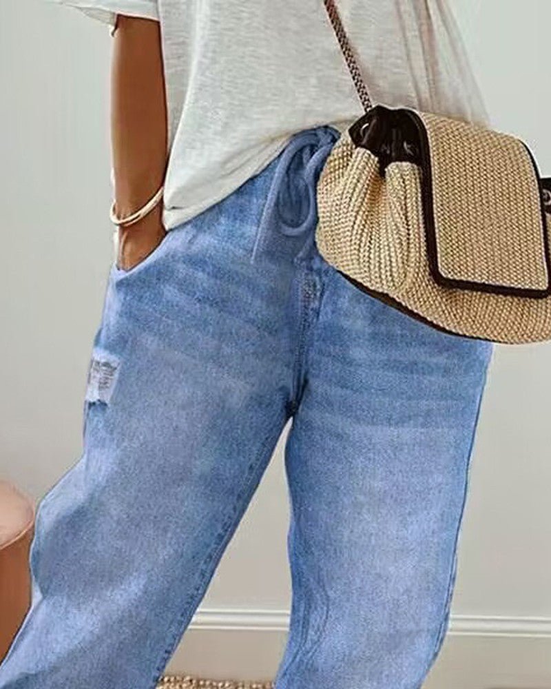 Pocket Design Drawstring Casual Jeans