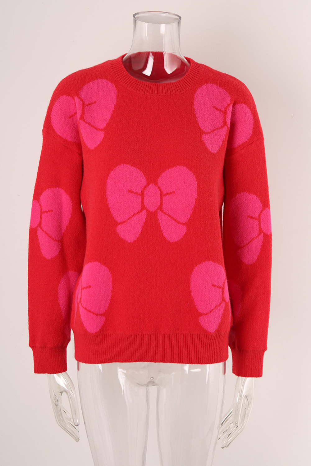 Fiery Red Valentine Bowknot Knitted Round Neck Fashion Sweater