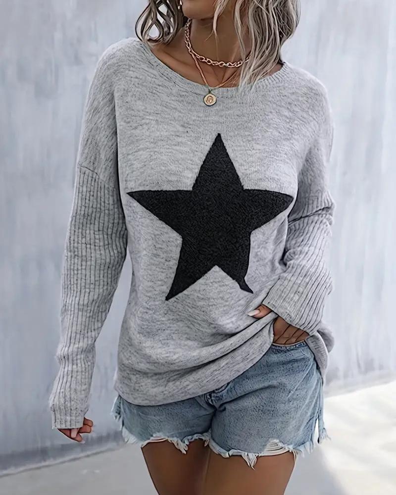 Star Pattern Round Neck Casual Knit Sweater