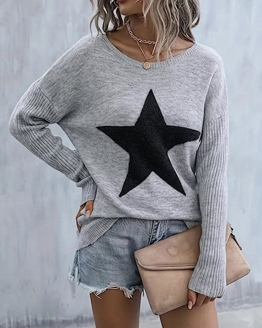 Star Pattern Round Neck Casual Knit Sweater