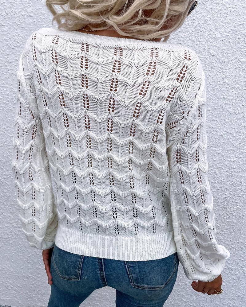 Lantern Sleeve V Neck Pointelle Knit Sweater