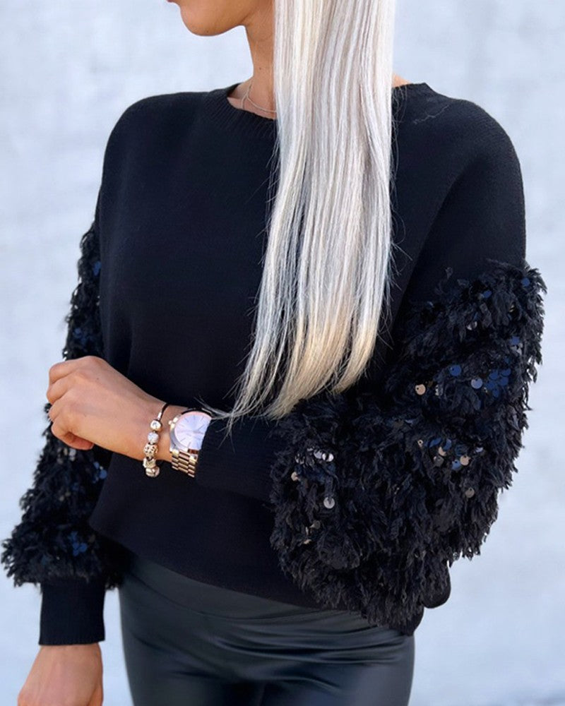 Contrast Sequin Fluffy Detail Long Sleeve Knit Sweater Casual Pullover Top