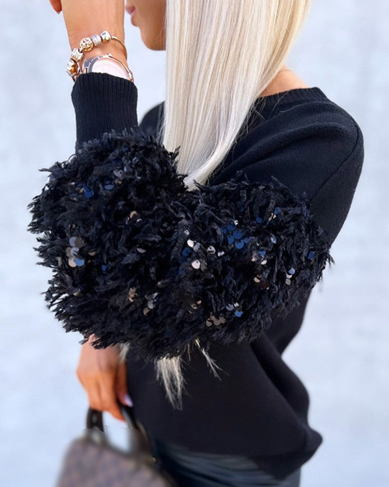 Contrast Sequin Fluffy Detail Long Sleeve Knit Sweater Casual Pullover Top