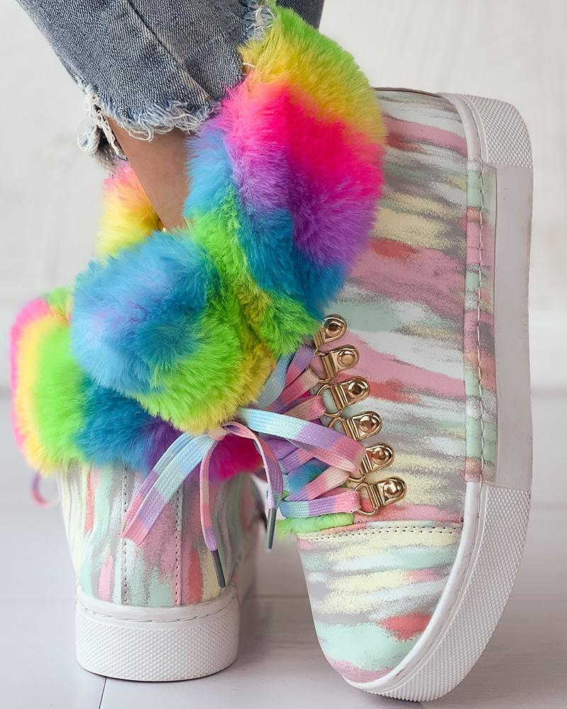 Rainbow Colorblock Fuzzy Detail Lined Ankle Boots