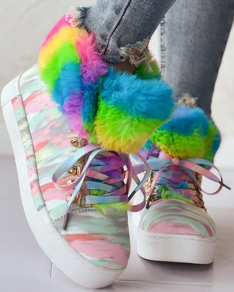 Rainbow Colorblock Fuzzy Detail Lined Ankle Boots