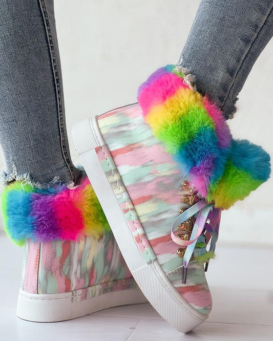 Rainbow Colorblock Fuzzy Detail Lined Ankle Boots