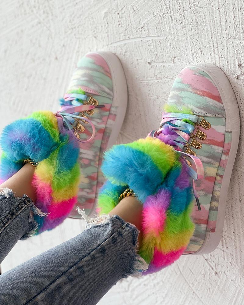 Rainbow Colorblock Fuzzy Detail Lined Ankle Boots