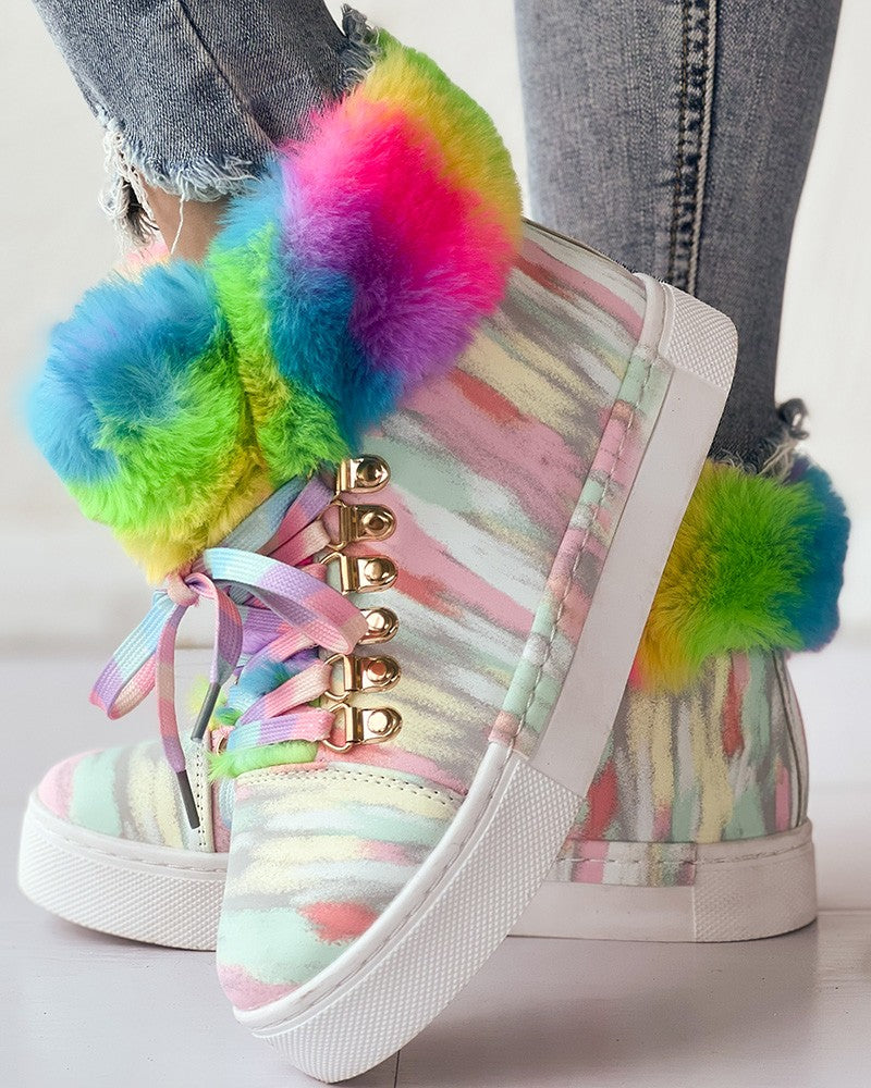 Rainbow Colorblock Fuzzy Detail Lined Ankle Boots