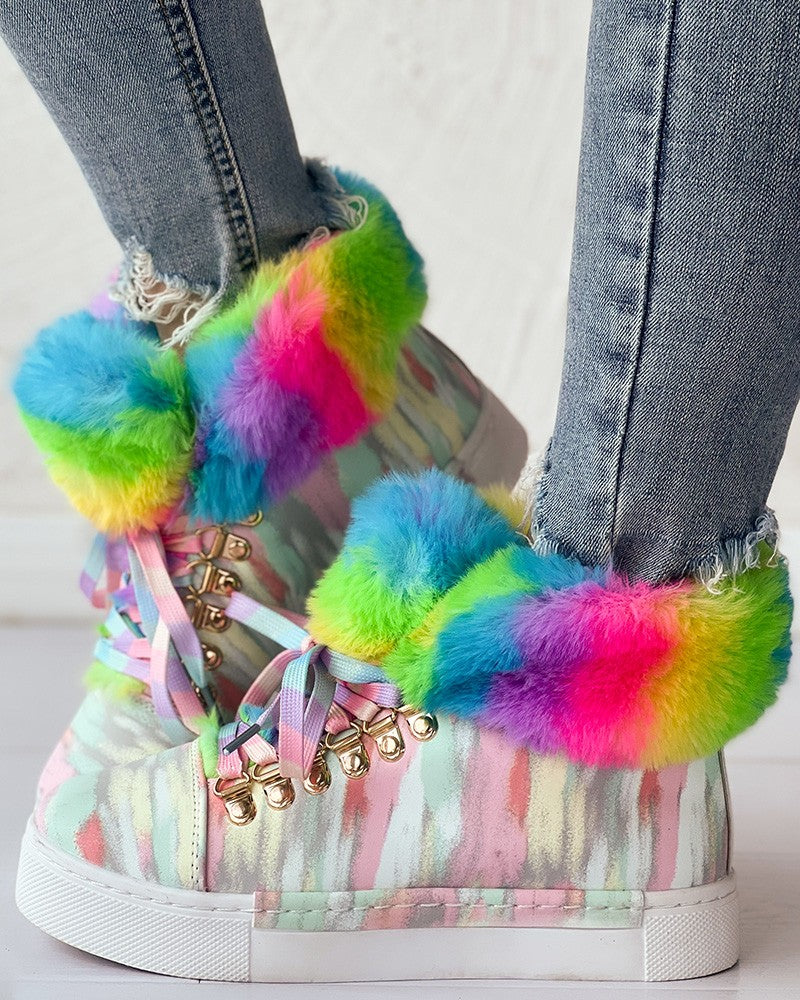 Rainbow Colorblock Fuzzy Detail Lined Ankle Boots