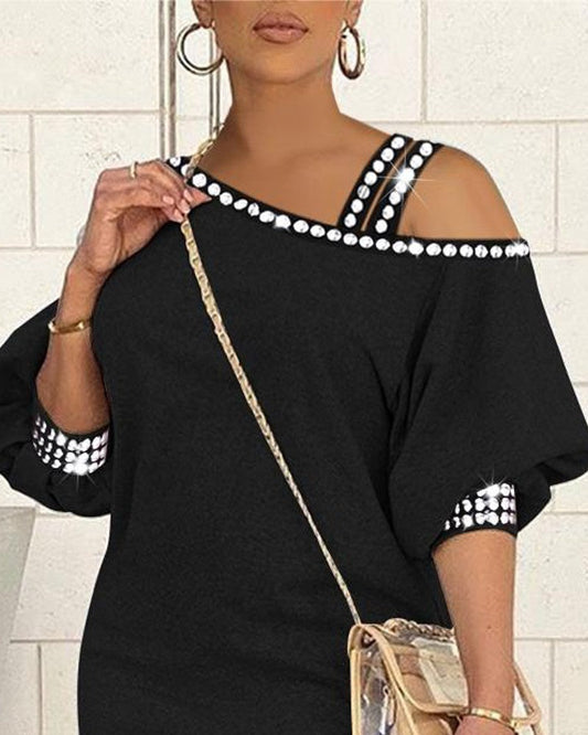 Rhinestone Decor Cold Shoulder Casual Dress