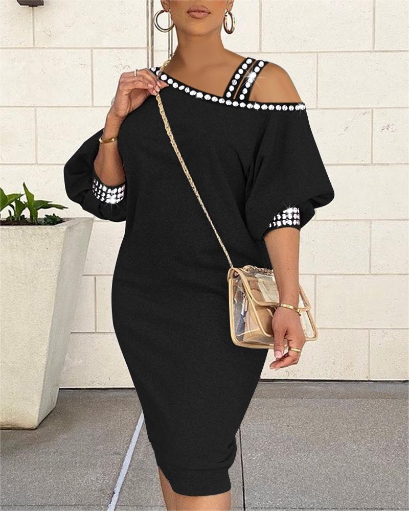 Rhinestone Decor Cold Shoulder Casual Dress