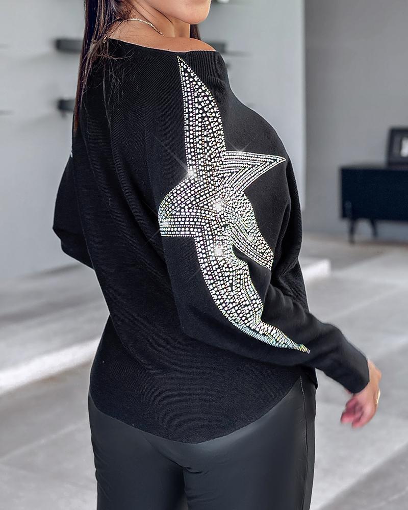 Star Pattern Batwing Sleeve Rhinestone Knit Sweater