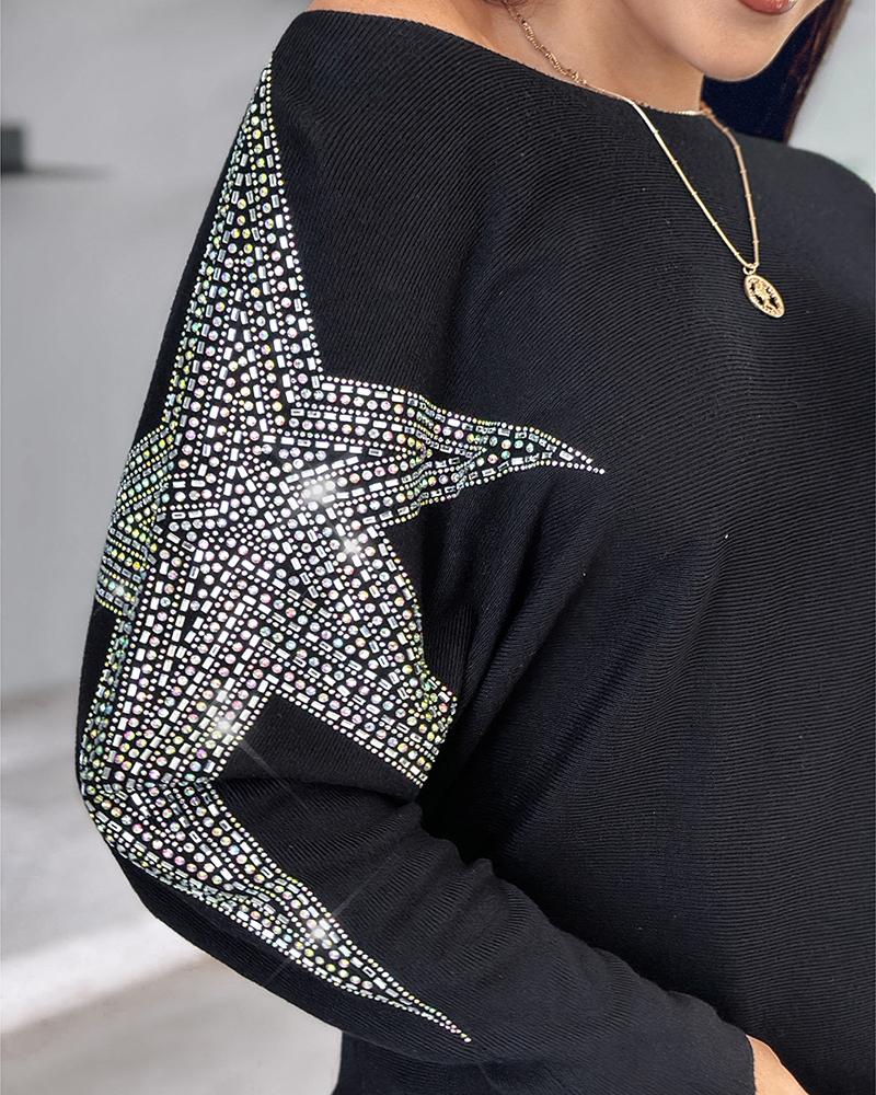 Star Pattern Batwing Sleeve Rhinestone Knit Sweater