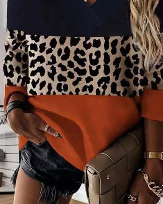 Contrast Leopard Colorblock Long Sleeve Top