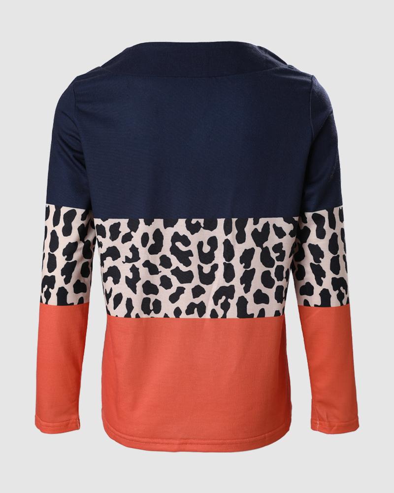 Contrast Leopard Colorblock Long Sleeve Top