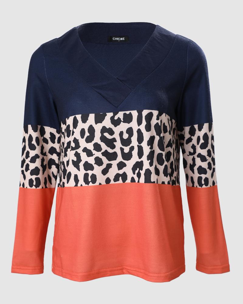 Contrast Leopard Colorblock Long Sleeve Top