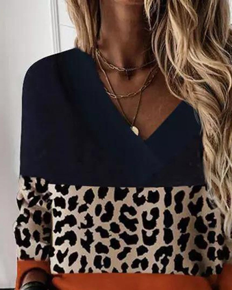 Contrast Leopard Colorblock Long Sleeve Top