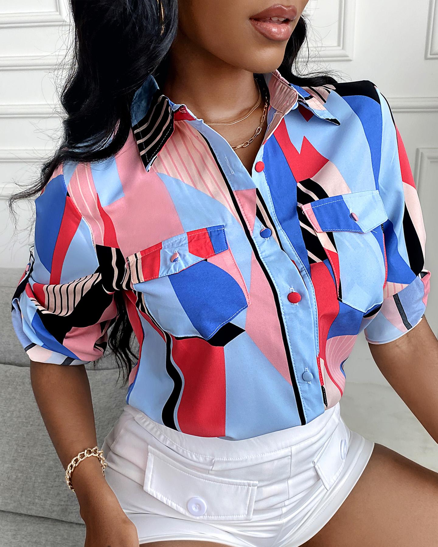 Pocket Button Design Long Sleeve Colorblock Top