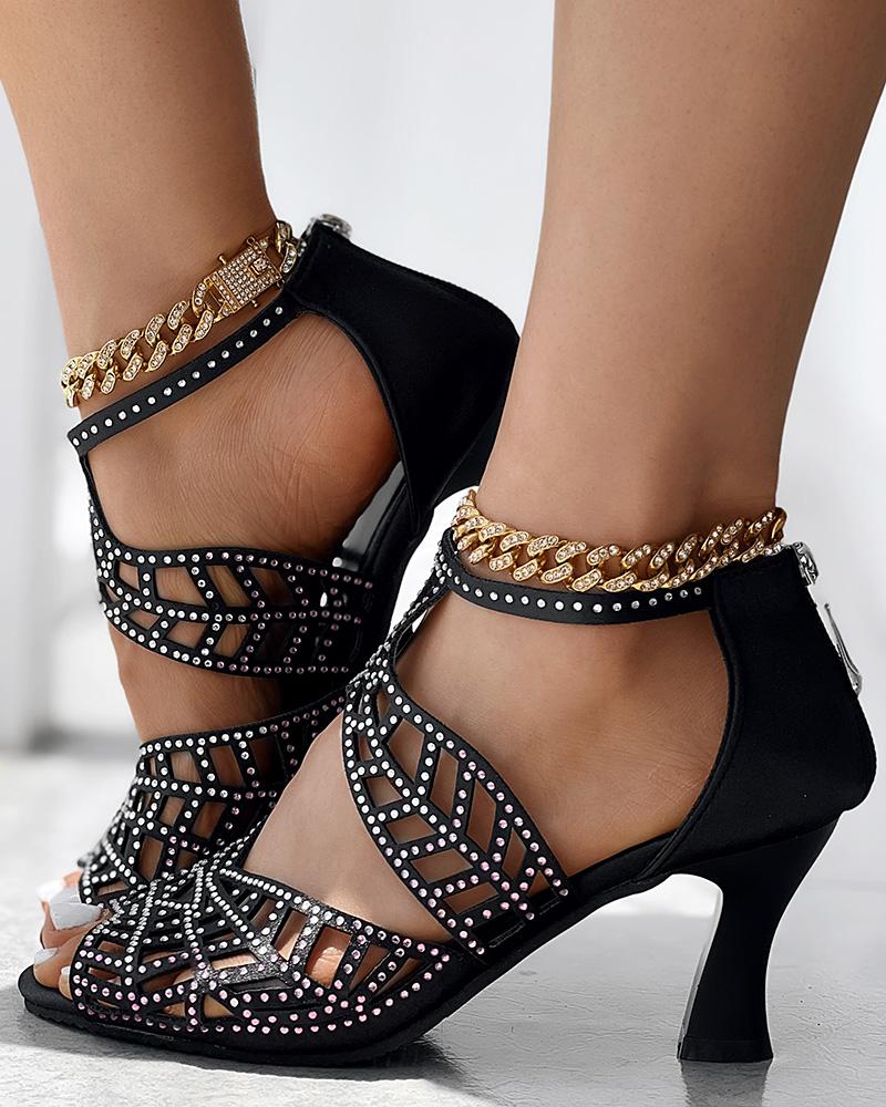 Zip Back Rhinestone Cutout Peep Toe Dance Heels