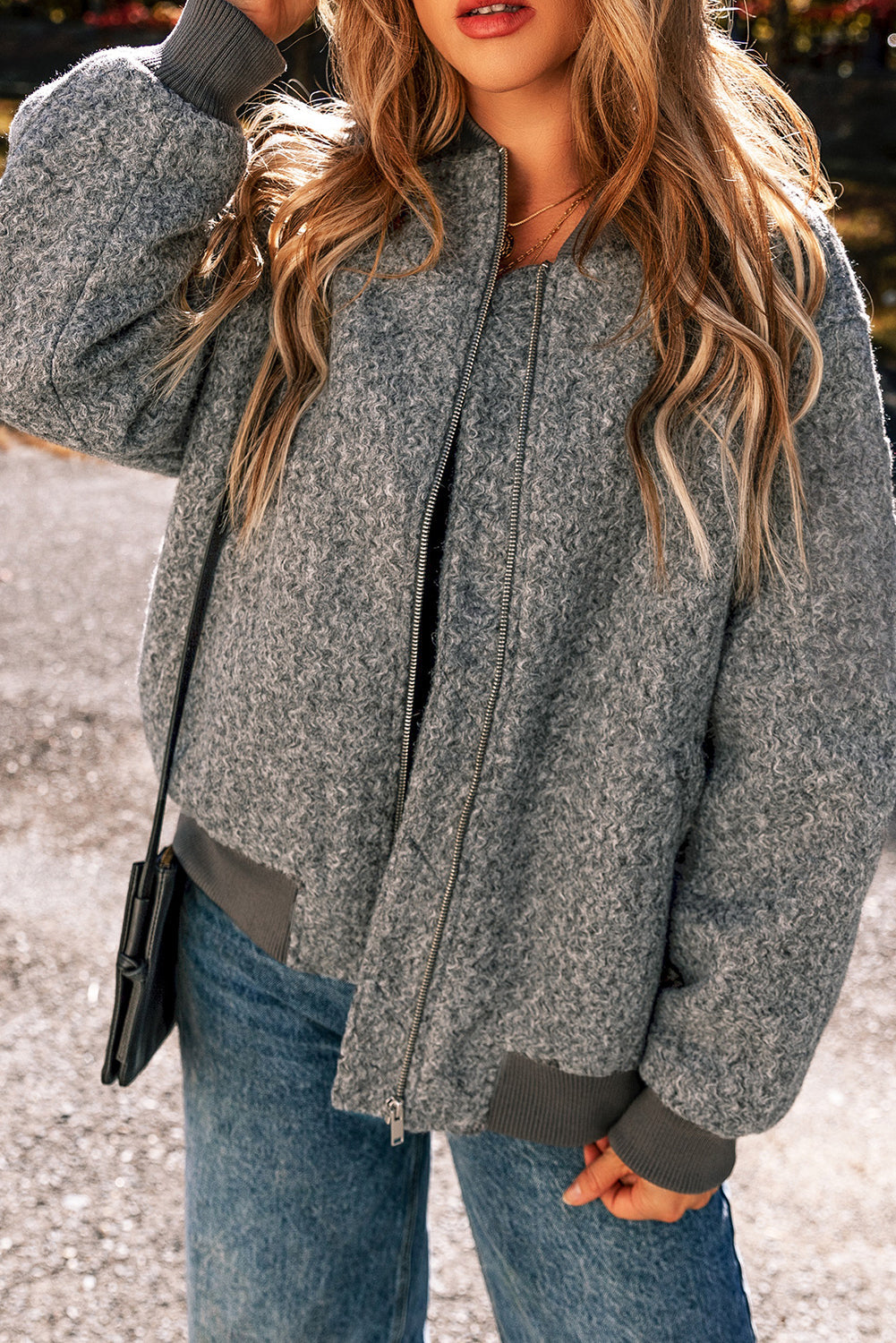 Medium Grey Fuzzy Zip Up Pocketed Sleeve Jacket