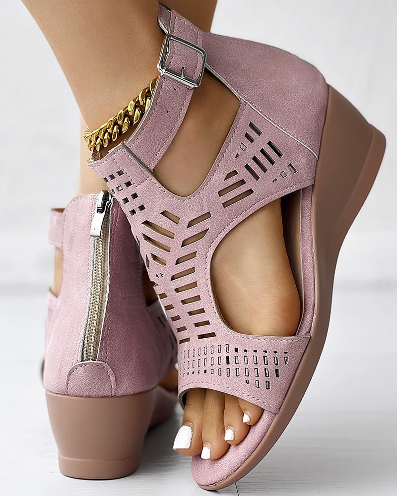 Hollow Out Buckled Peep Toe Wedge Sandals