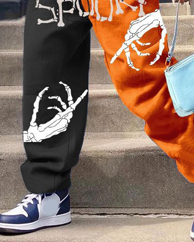 Halloween Skeleton Print Colorblock Sweatpants