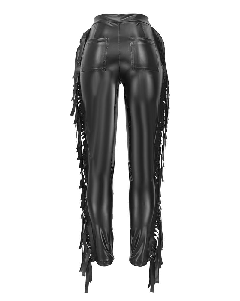 Zip Fly Fringe Trim High Waist PU Leather Pants