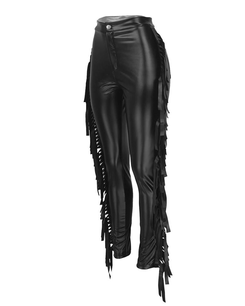 Zip Fly Fringe Trim High Waist PU Leather Pants