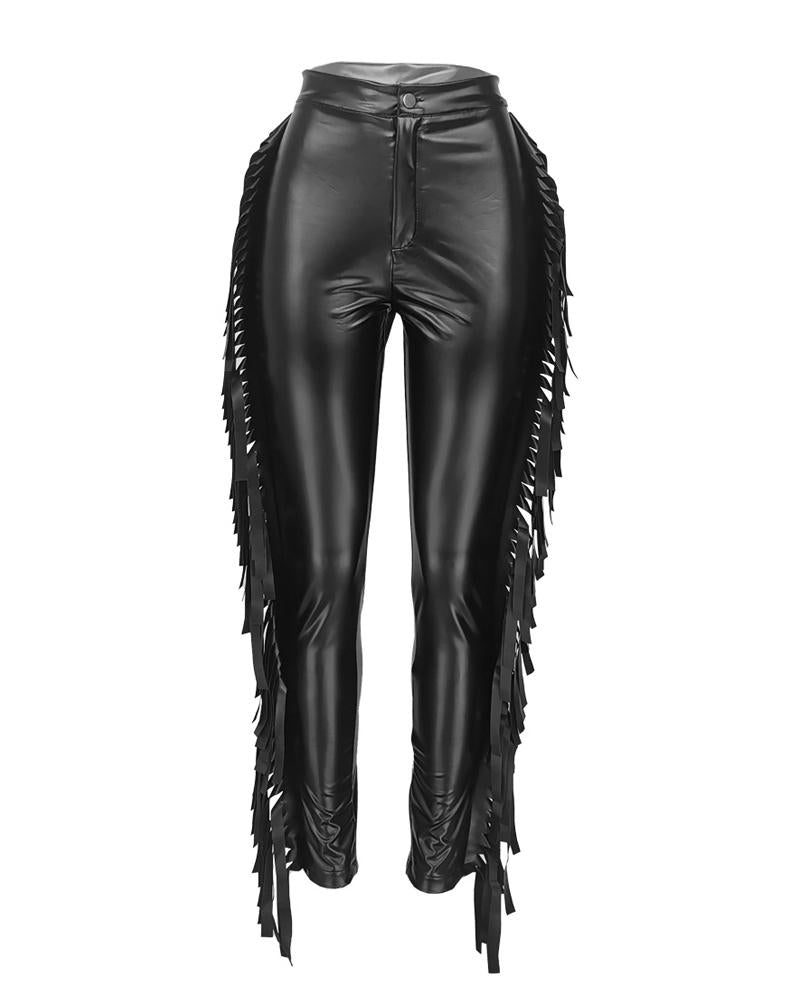 Zip Fly Fringe Trim High Waist PU Leather Pants