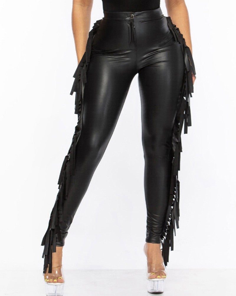 Zip Fly Fringe Trim High Waist PU Leather Pants