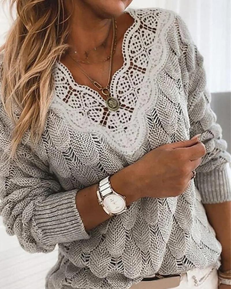 V Neck Lace Patch Swiss Dot Sweater