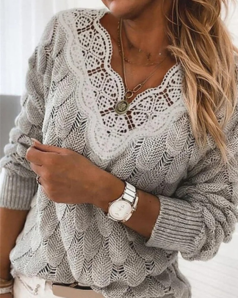 V Neck Lace Patch Swiss Dot Sweater