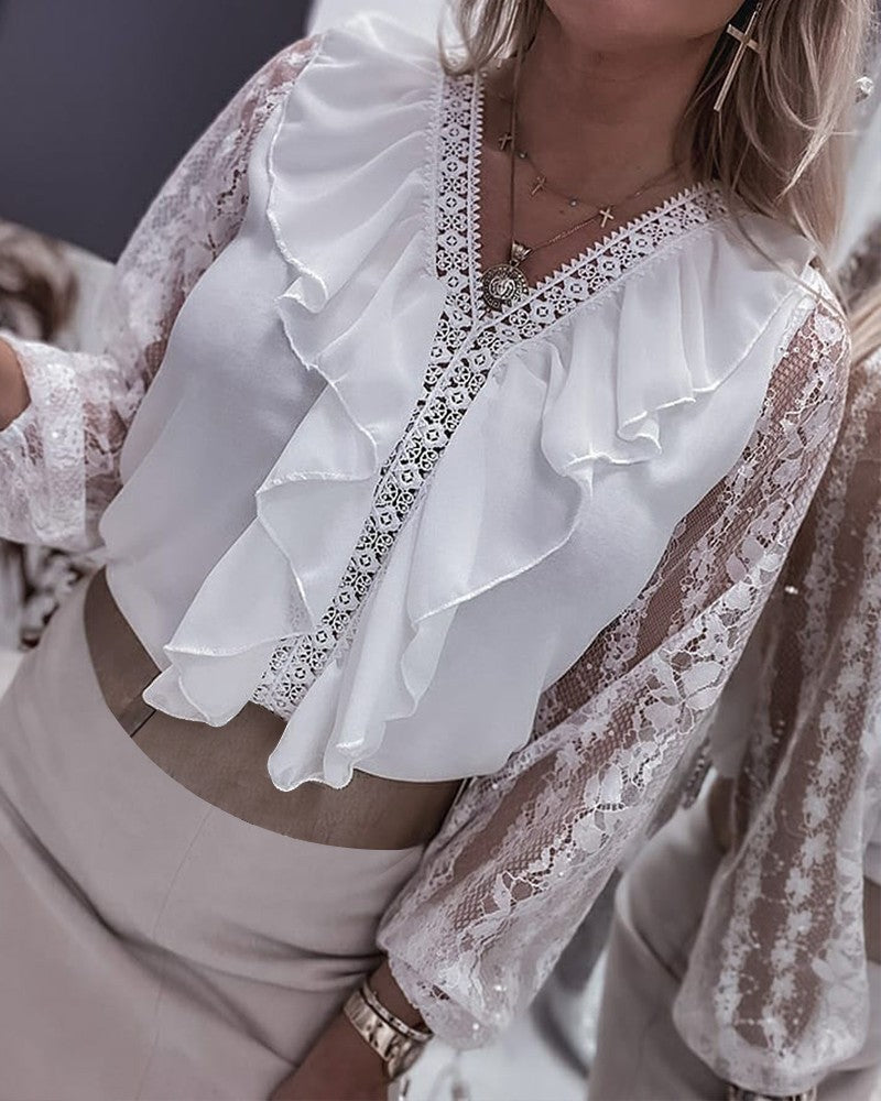 Contrast Lace Long Sleeve Ruffle Hem Top