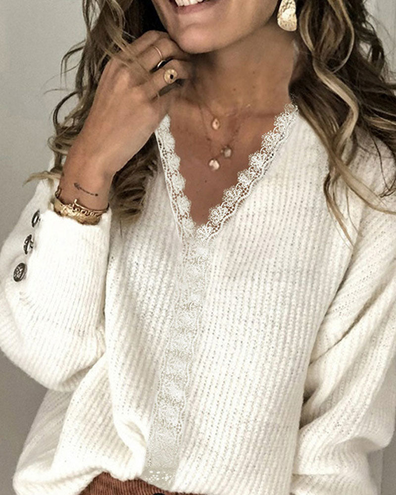 Contrast Lace V Neck Chunky Knit Sweater