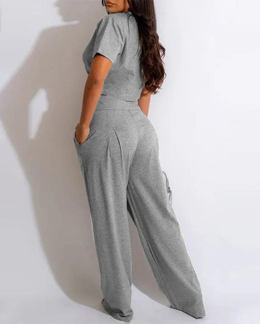 Round Neck Drawstring Crop Top & Buttoned Pants Set