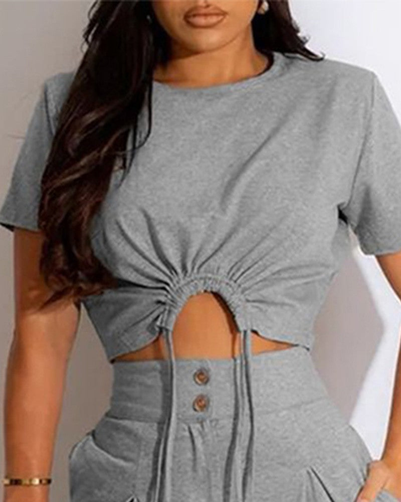 Round Neck Drawstring Crop Top & Buttoned Pants Set