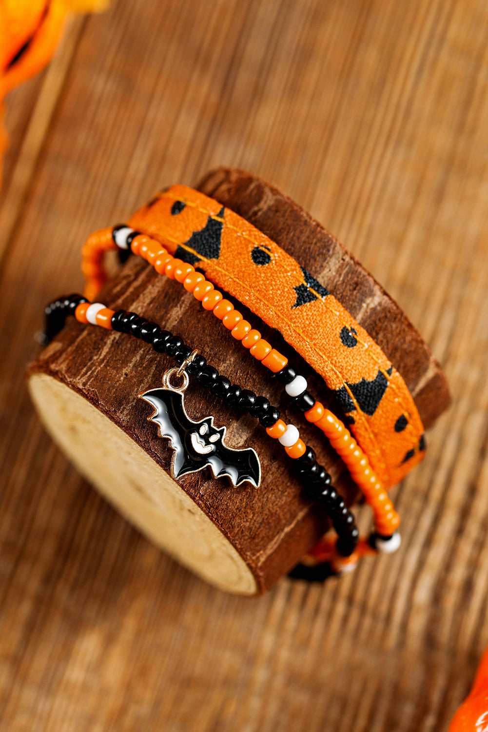 Russet Orange Halloween Bat Pendant Beaded Multi Layer Bracelet Set